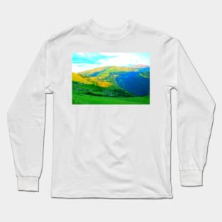 View from Strada Provinciale 5 in Piani di Ragnolo at meadows and Sibillini crests Long Sleeve T-Shirt